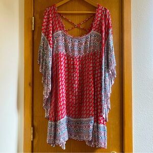 FREE PEOPLE • Flowy Red, Teal & White Peasant Dress - S